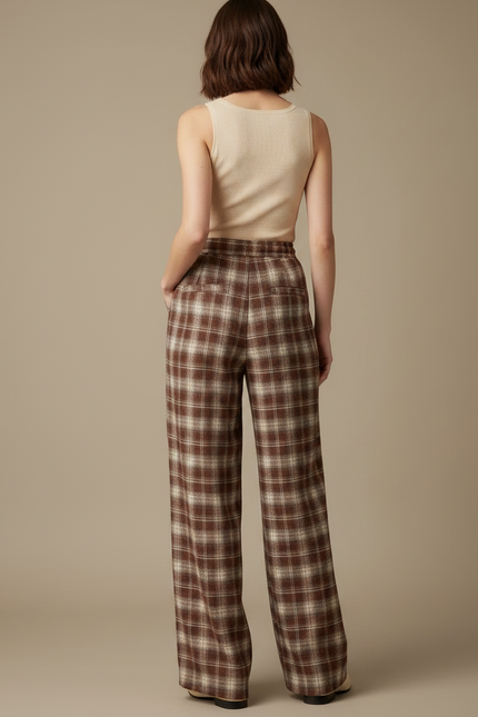 Pantalon Fluide Carreaux Marron Ample Décontracté Cordon - Tweed - vue 2