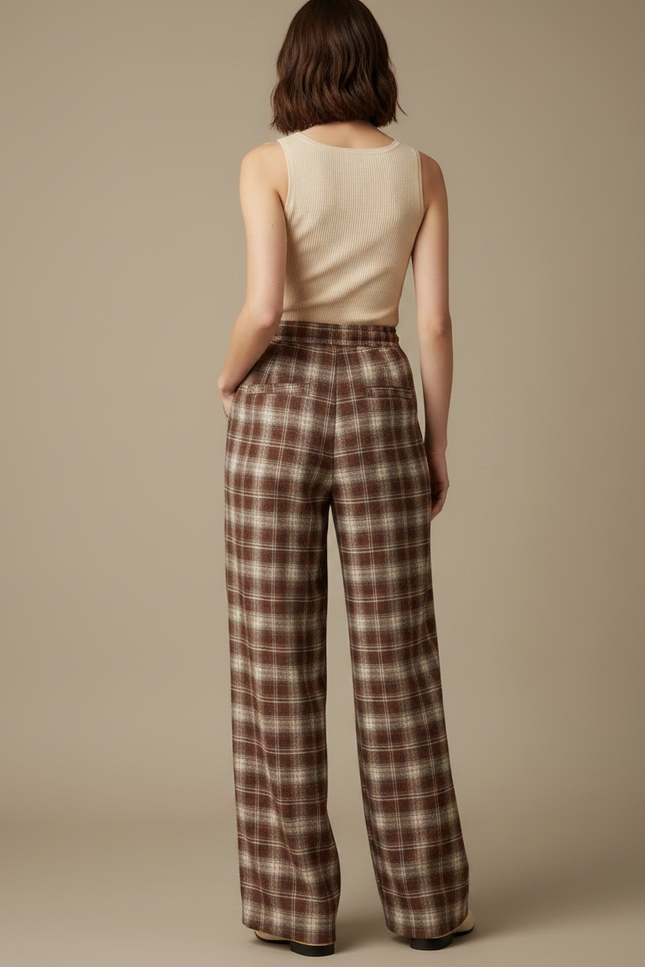 Pantalon Fluide Carreaux Marron Ample Décontracté Cordon - Tweed - vue 2