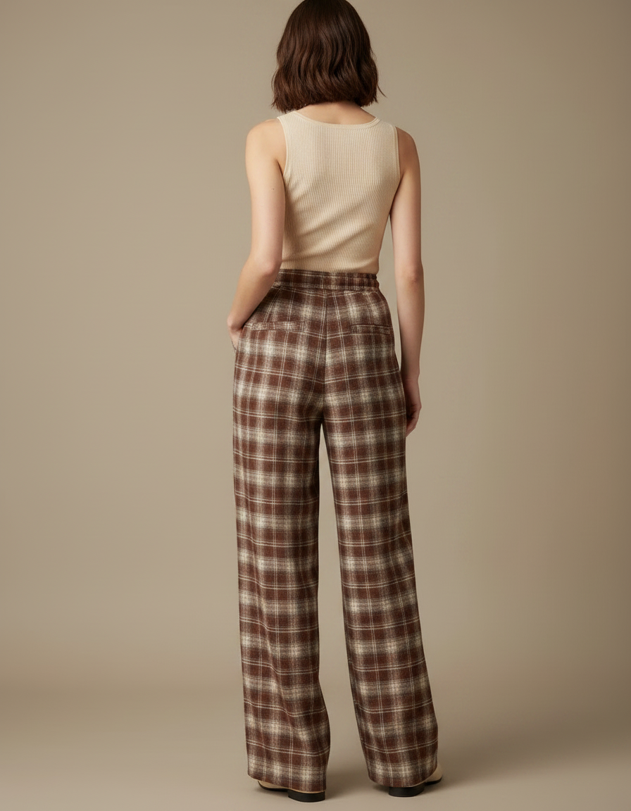 Pantalon Fluide Carreaux Marron Ample Décontracté Cordon - Tweed - vue 2