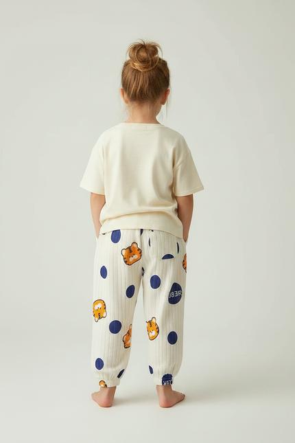 Pantalon Fluide Écru Côtelé Imprimé Tigres Ample Décontracté - Beige Cordé - vue 2