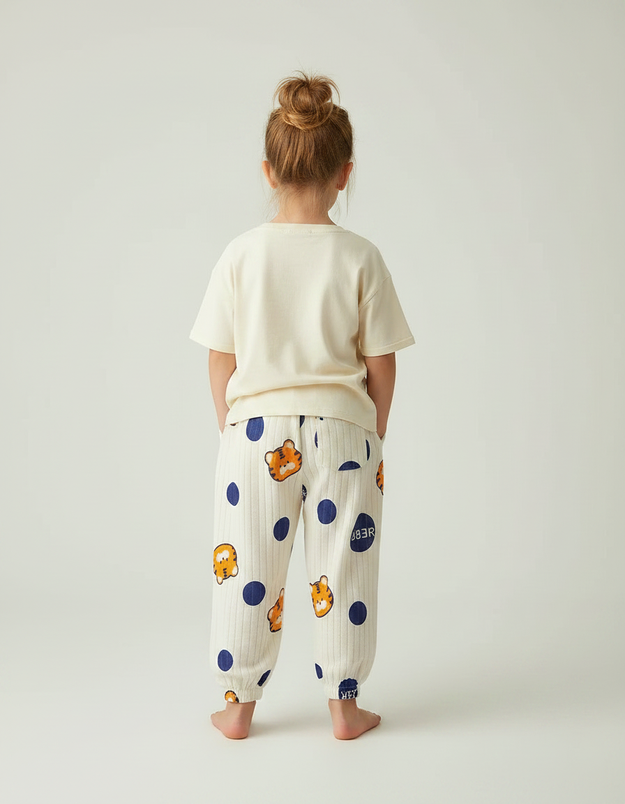 Pantalon Fluide Écru Côtelé Imprimé Tigres Ample Décontracté - Beige Cordé - vue 2