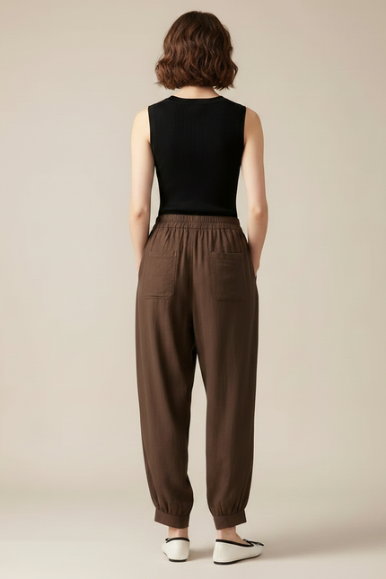 Pantalon Fluide Marron Brodé Ample Confortable Élastique - Lin - vue 2