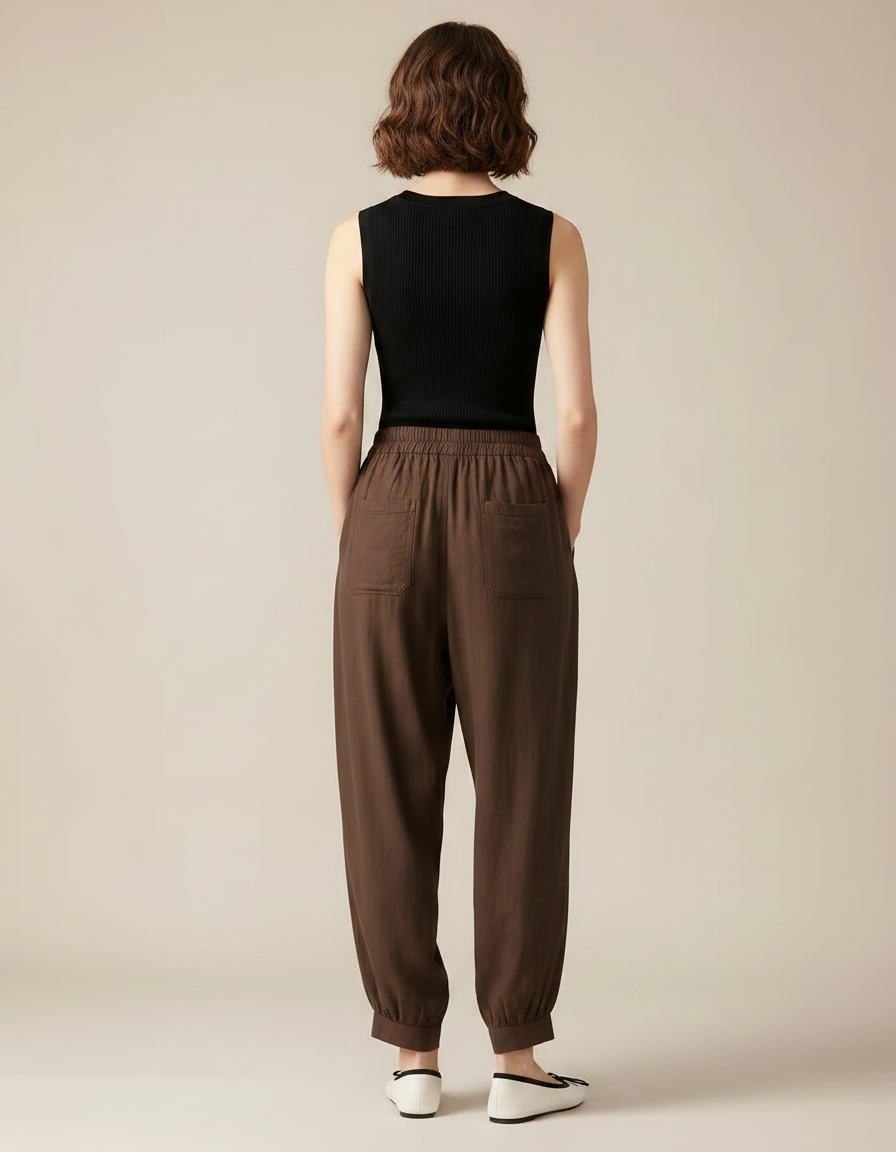 Pantalon Fluide Marron Brodé Ample Confortable Élastique - Lin - vue 2