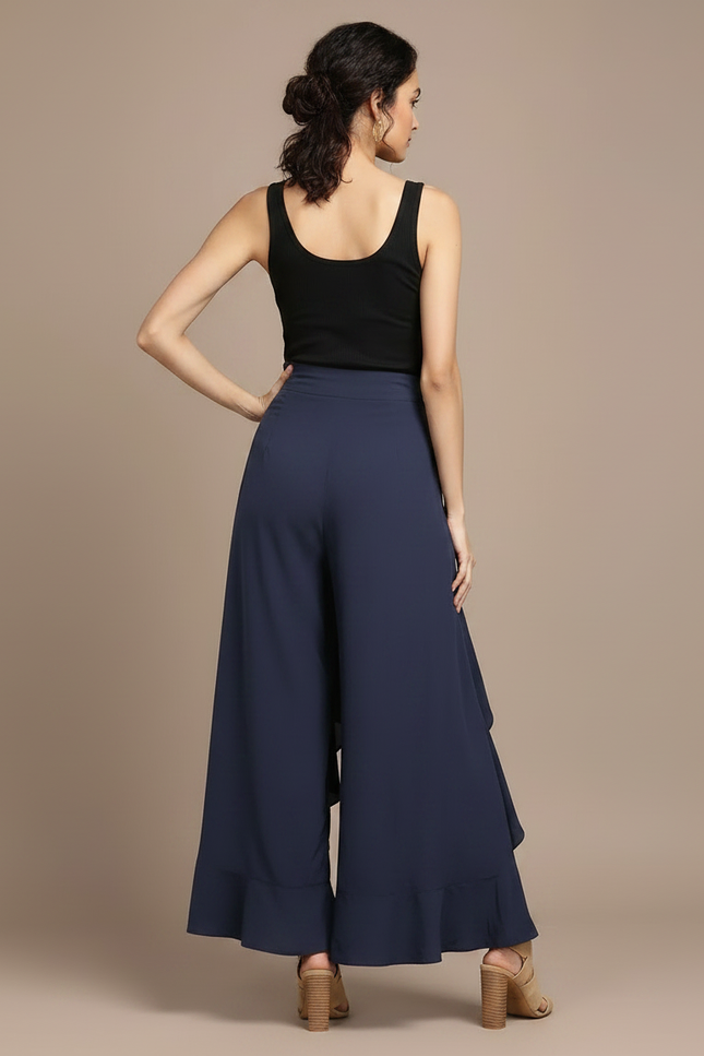 Pantalon Fluide Bleu Marine Volants Ample Élégant - Polyester - vue 2