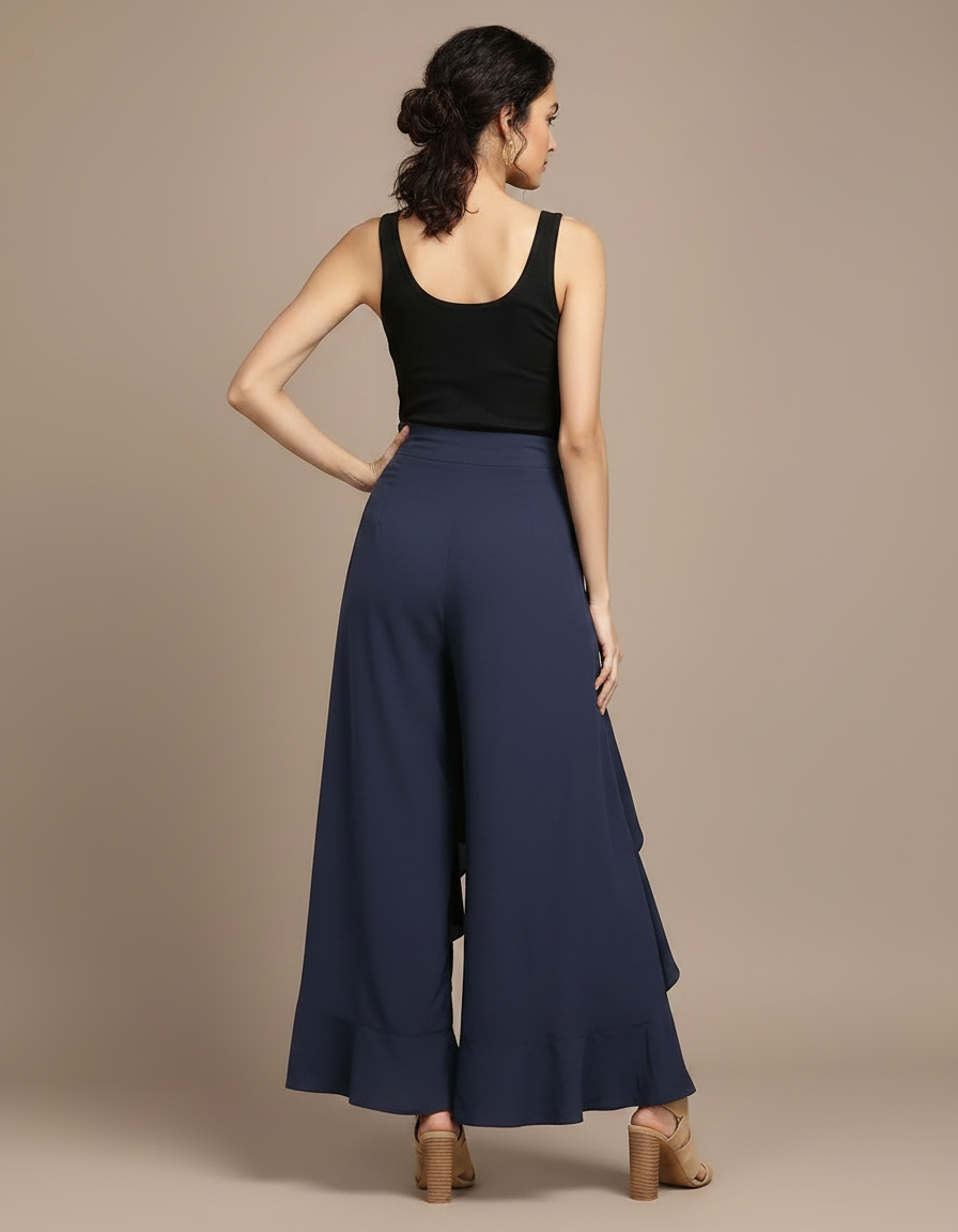 Pantalon Fluide Bleu Marine Volants Ample Élégant - Polyester - vue 2