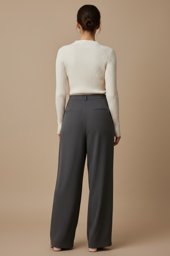 Pantalon Droit Fluide Taille Haute - Gris Viscose - vue 2