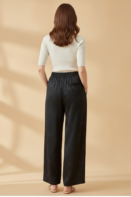 Pantalon Fluide Noir Ample Satiné Jacquard Femme - vue 2