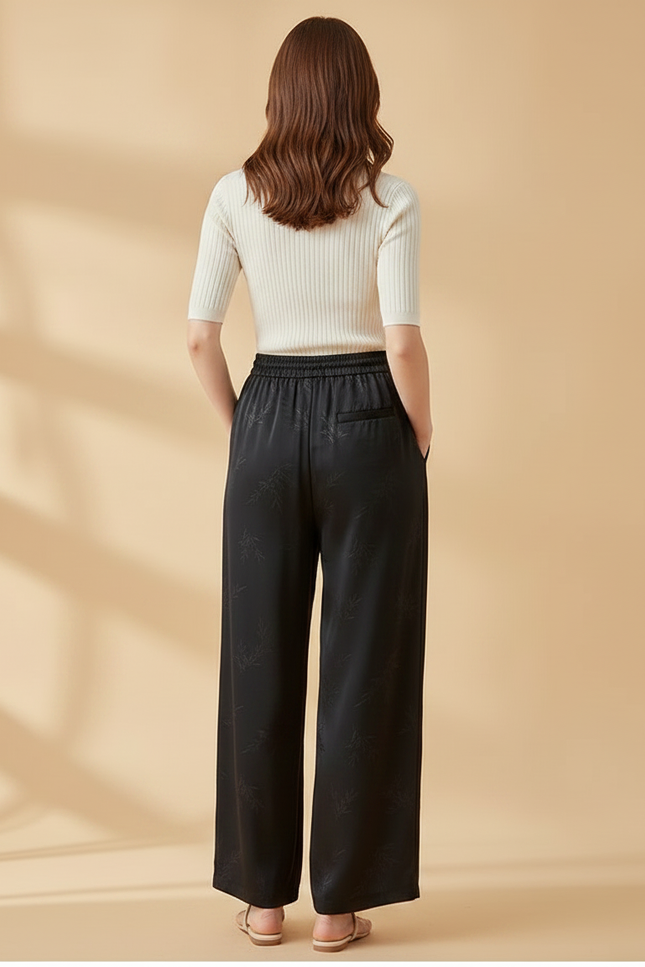 Pantalon Fluide Noir Ample Satiné Jacquard Femme - vue 2