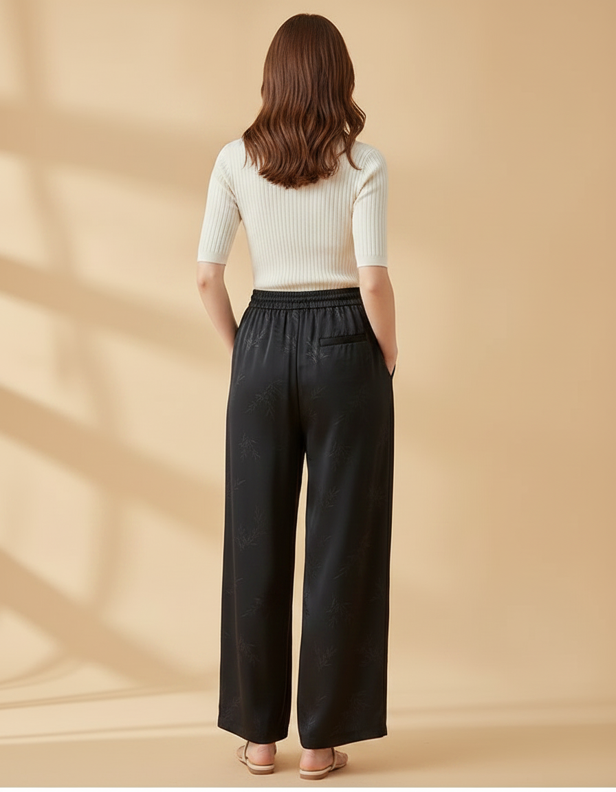 Pantalon Fluide Noir Ample Satiné Jacquard Femme - vue 2