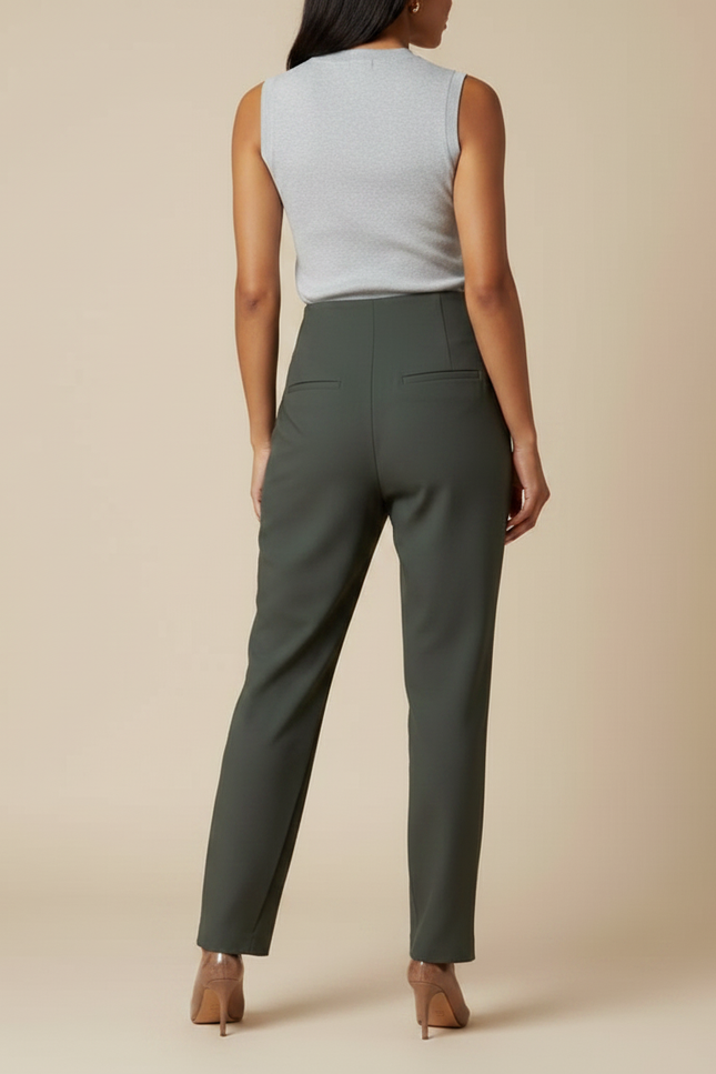 Pantalon Fluide Kaki Élégant Droit Taille Haute Femme - Polyester - vue 2
