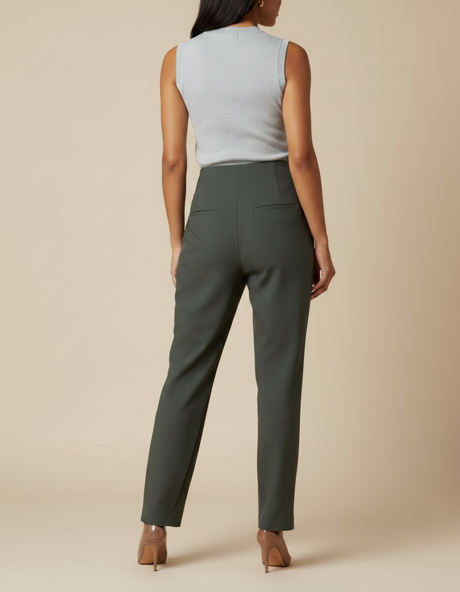 Pantalon Fluide Kaki Élégant Droit Taille Haute Femme - Polyester - vue 2