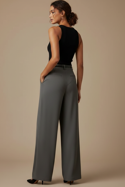 Pantalon Fluide Gris Ample Taille Haute Élégant Plissé - Polyester - vue 2