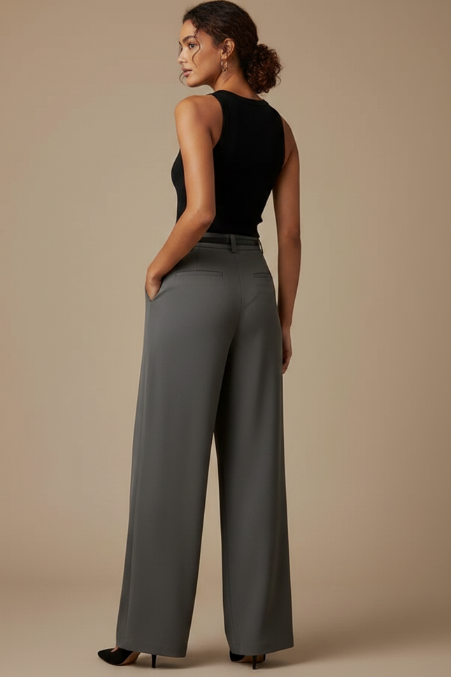 Pantalon Fluide Gris Ample Taille Haute Élégant Plissé - Polyester - vue 2