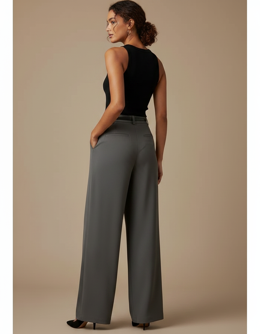 Pantalon Fluide Gris Ample Taille Haute Élégant Plissé - Polyester - vue 2