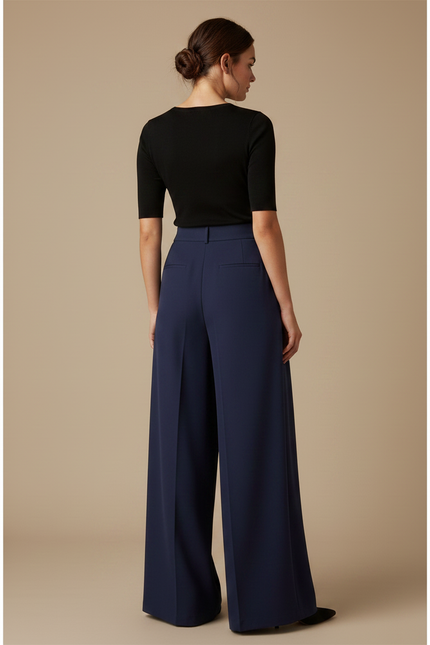 Pantalon Fluide Bleu Marine Taille Haute Élégant Ample - Polyester - vue 2