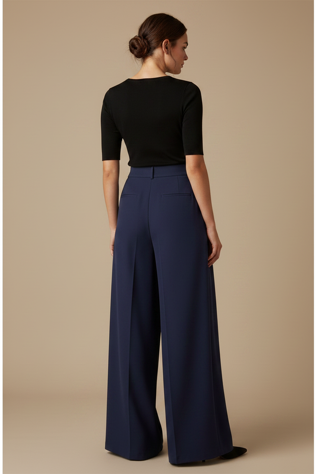 Pantalon Fluide Bleu Marine Taille Haute Élégant Ample - Polyester - vue 2