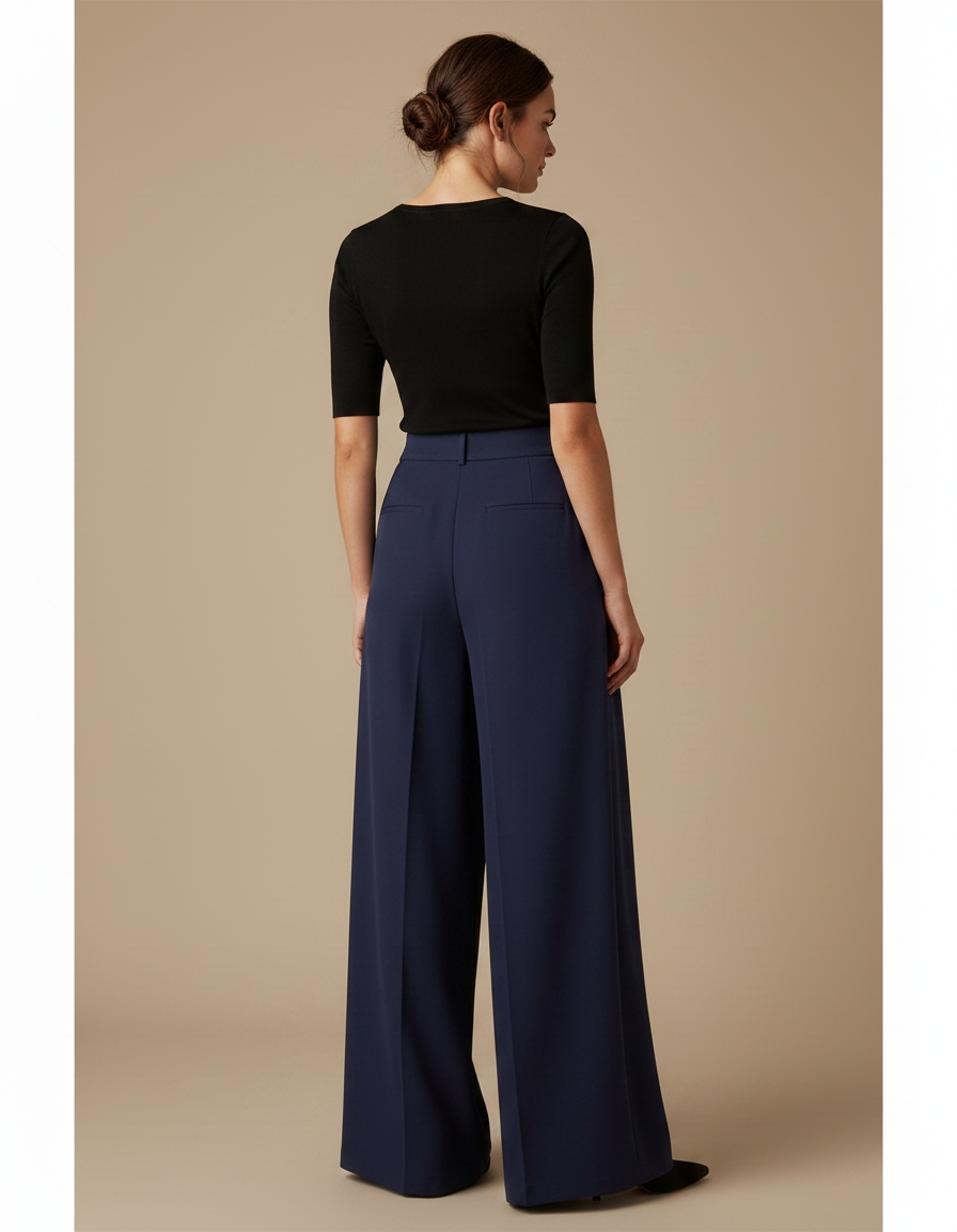 Pantalon Fluide Bleu Marine Taille Haute Élégant Ample - Polyester - vue 2