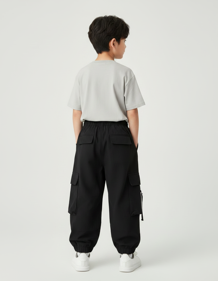 Pantalon Fluide Noir Ample Cargo Sport Enfant - Polyester - vue 2