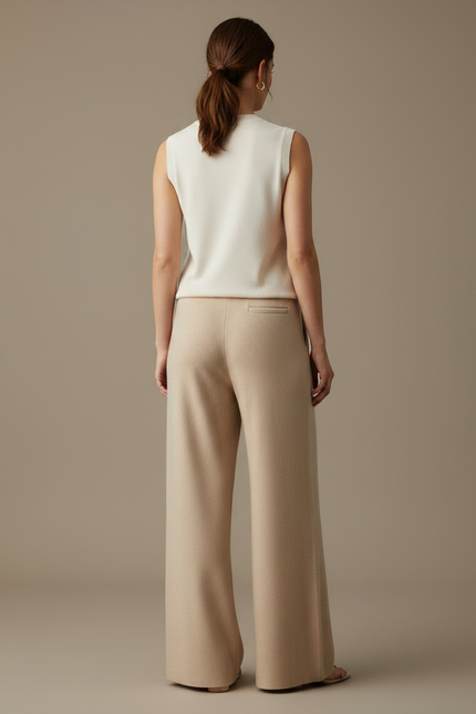 Pantalon Fluide Beige Maille Large Cordon Décontracté - vue 2