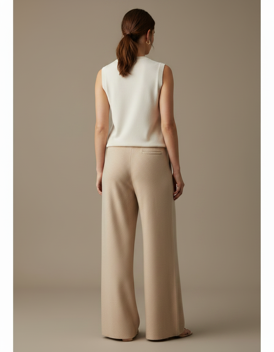 Pantalon Fluide Beige Maille Large Cordon Décontracté - vue 2