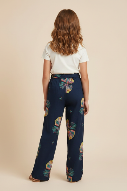 Pantalon Fluide Bleu Marine Imprimé Floral Large Fille - Viscose - vue 2
