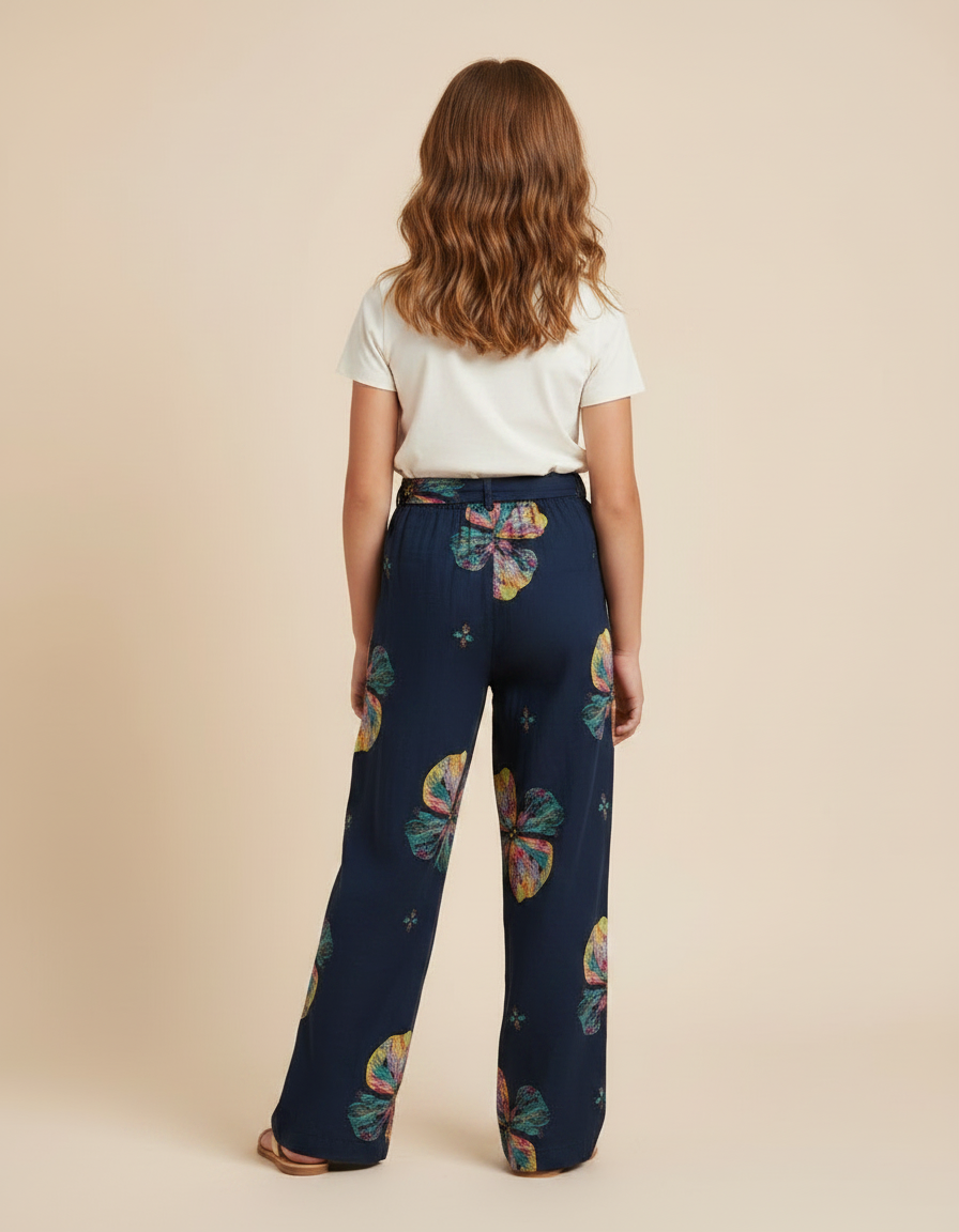 Pantalon Fluide Bleu Marine Imprimé Floral Large Fille - Viscose - vue 2