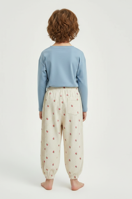 Pantalon Fluide Écru Côtelé Ample Fraises Enfant - Beige Cordé - vue 2