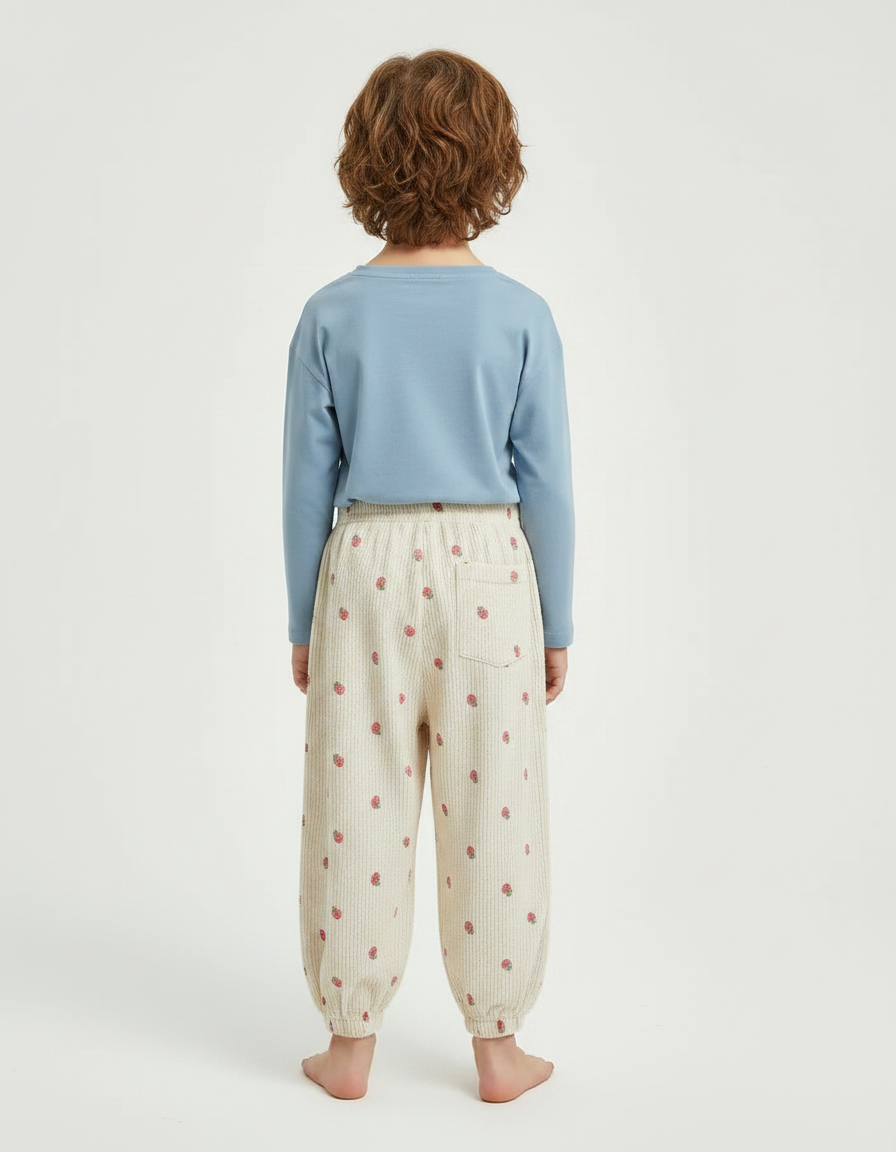 Pantalon Fluide Écru Côtelé Ample Fraises Enfant - Beige Cordé - vue 2