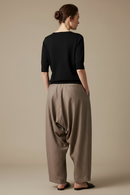 Pantalon Fluide Marron Ample Lin Plissé Élégant - vue 2