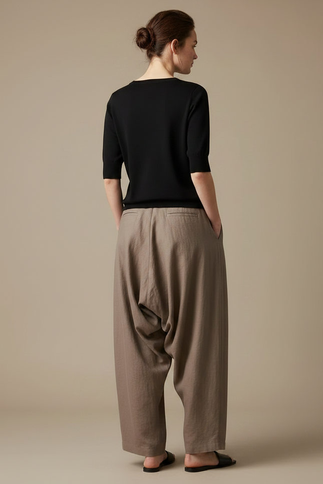 Pantalon Fluide Marron Ample Lin Plissé Élégant - vue 2