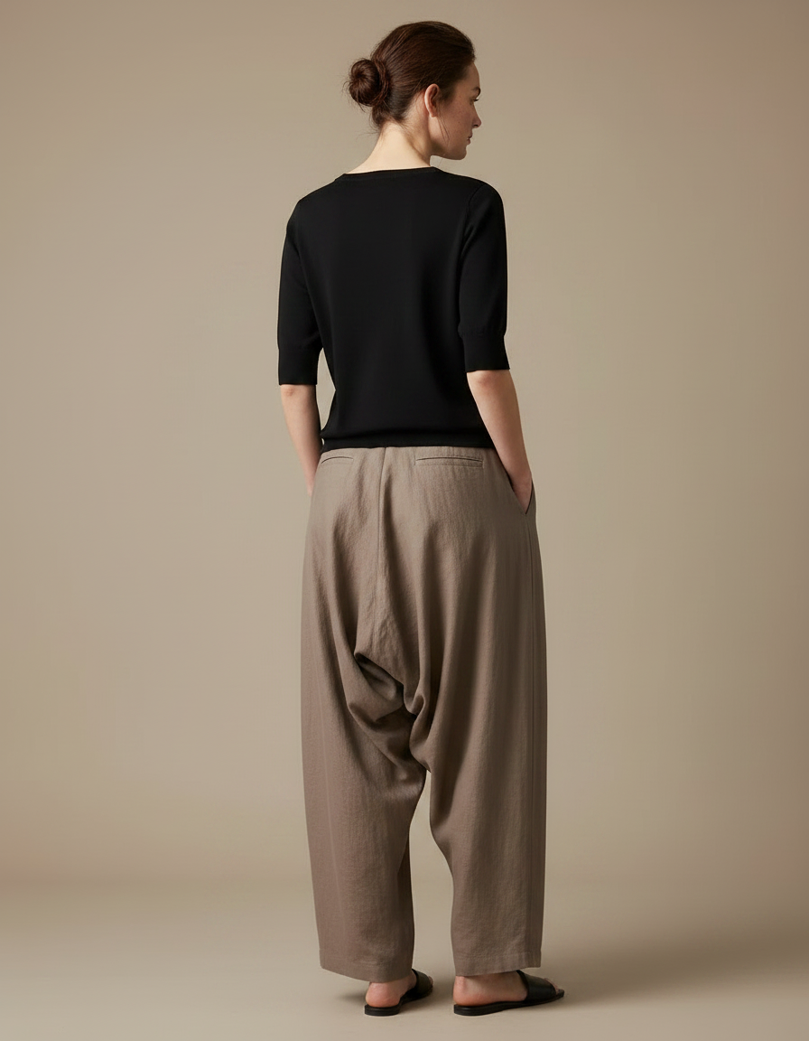 Pantalon Fluide Marron Ample Lin Plissé Élégant - vue 2