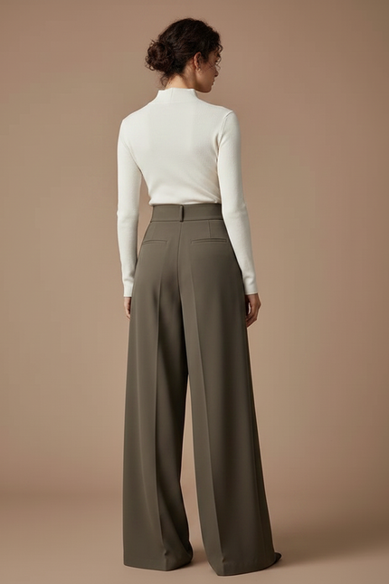 Pantalon Fluide Kaki Taille Haute Ample Élégant - Polyester - vue 2