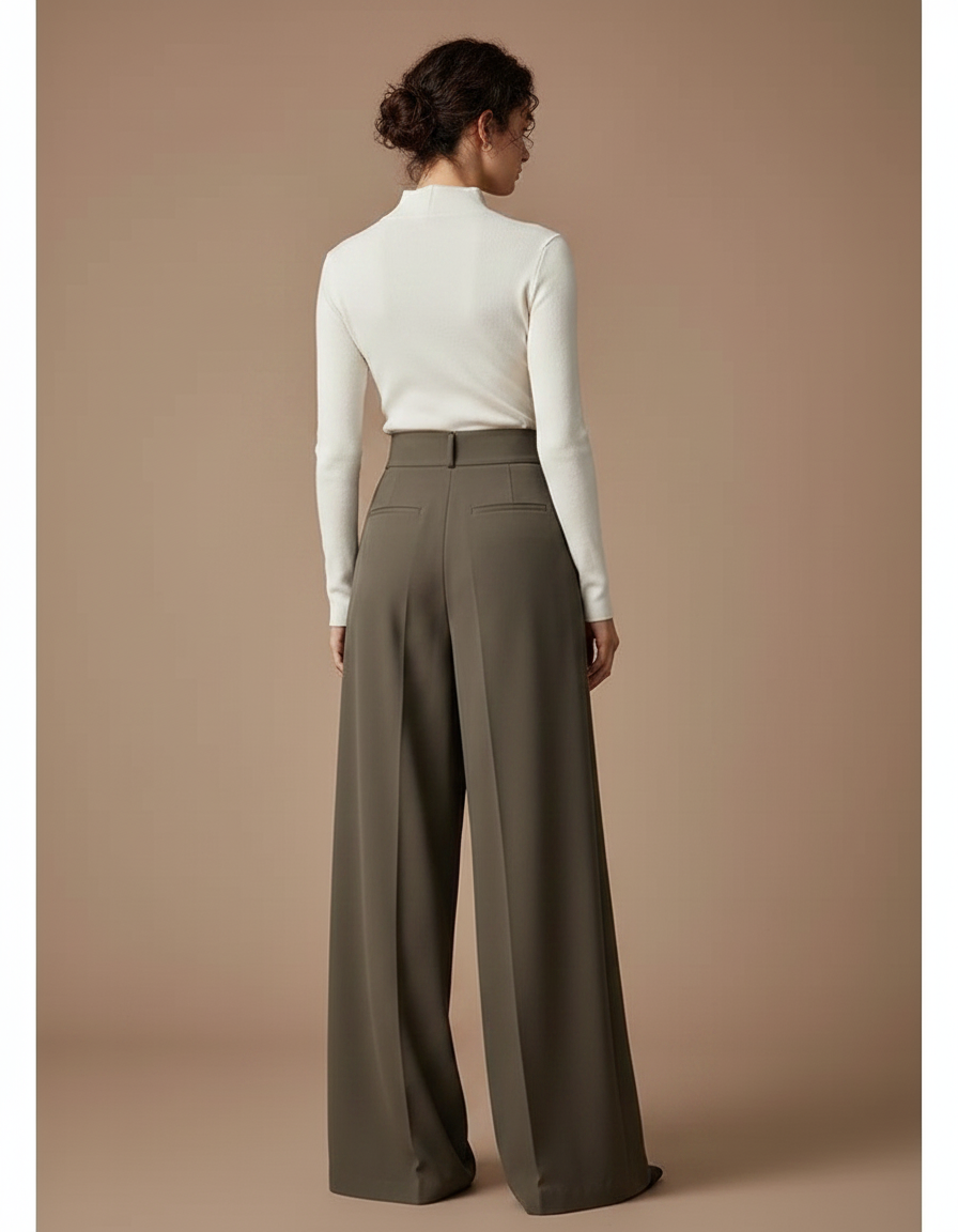 Pantalon Fluide Kaki Taille Haute Ample Élégant - Polyester - vue 2