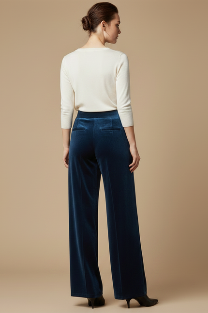 Pantalon Fluide Velours Bleu Ample Élégant Femme - Marine - vue 2