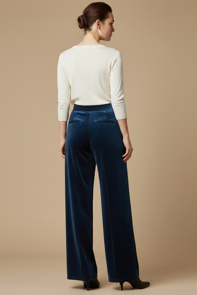 Pantalon Fluide Velours Bleu Ample Élégant Femme - Marine - vue 2