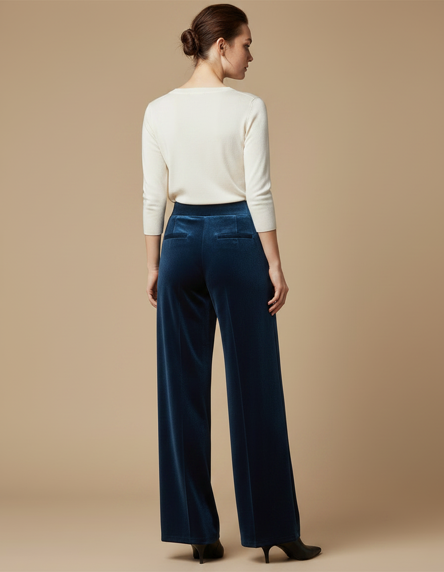 Pantalon Fluide Velours Bleu Ample Élégant Femme - Marine - vue 2