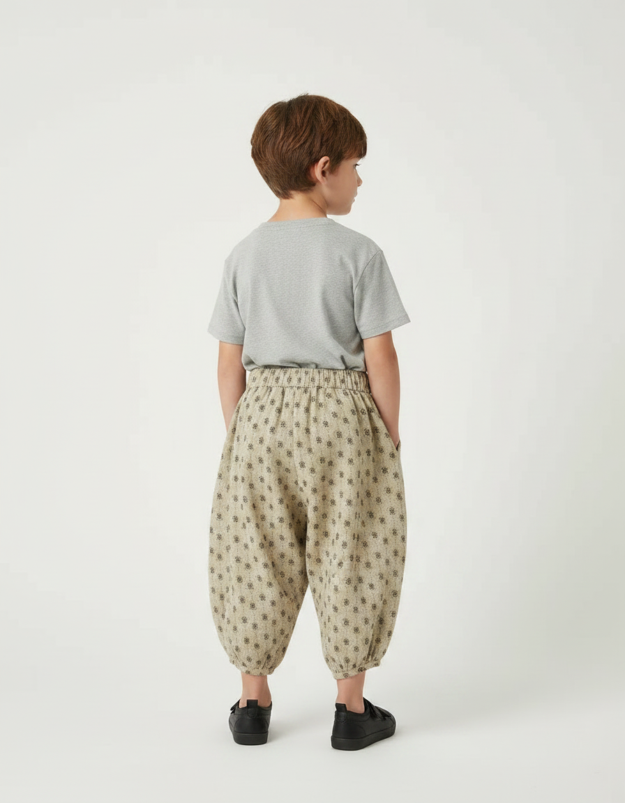 Pantalon Fluide Beige Imprimé Floral Bouffant Coton Enfants - vue 2