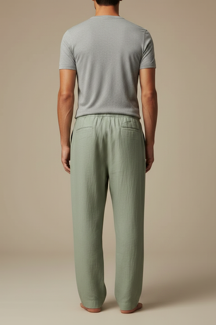 Pantalon Fluide Vert Lin Ample Homme Décontracté Cordon - vue 2