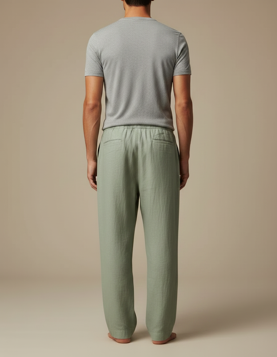 Pantalon Fluide Vert Lin Ample Homme Décontracté Cordon - vue 2