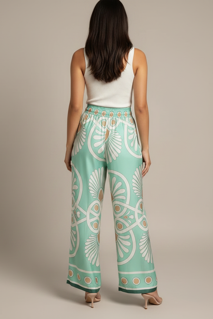 Pantalon Fluide Vert Menthe Satin Motif Géométrique Femme - vue 2