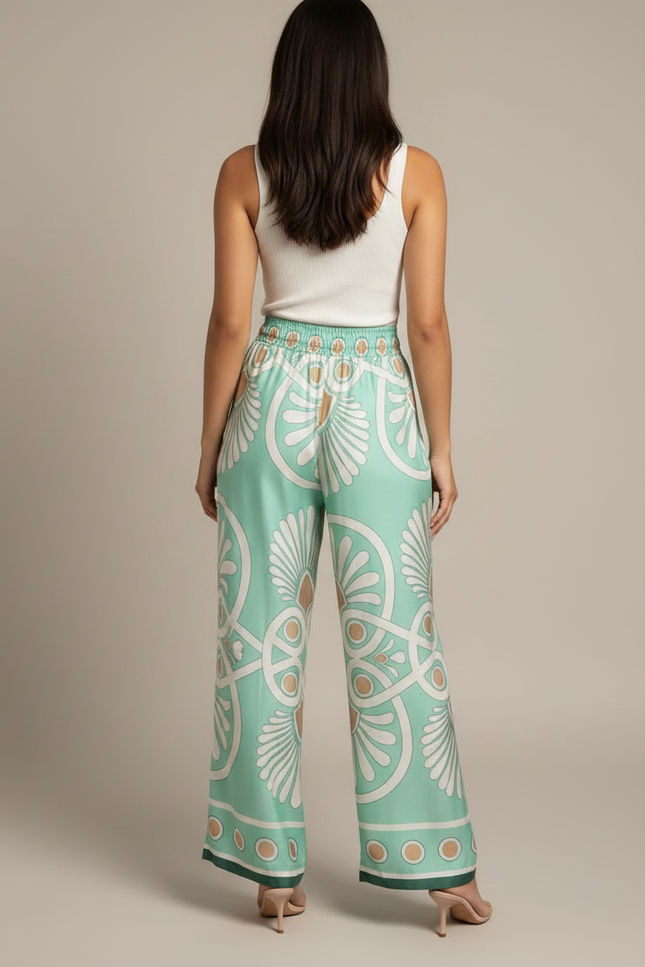 Pantalon Fluide Vert Menthe Satin Motif Géométrique Femme - vue 2