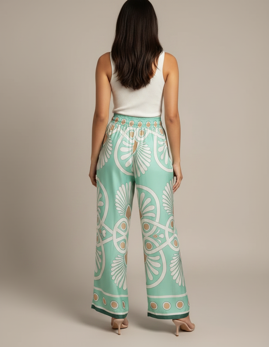 Pantalon Fluide Vert Menthe Satin Motif Géométrique Femme - vue 2