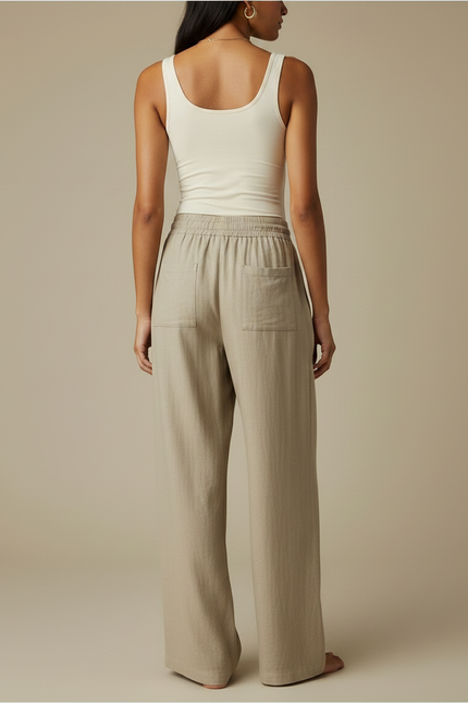 Pantalon Fluide Beige Large Lin Cordon Ample - vue 2