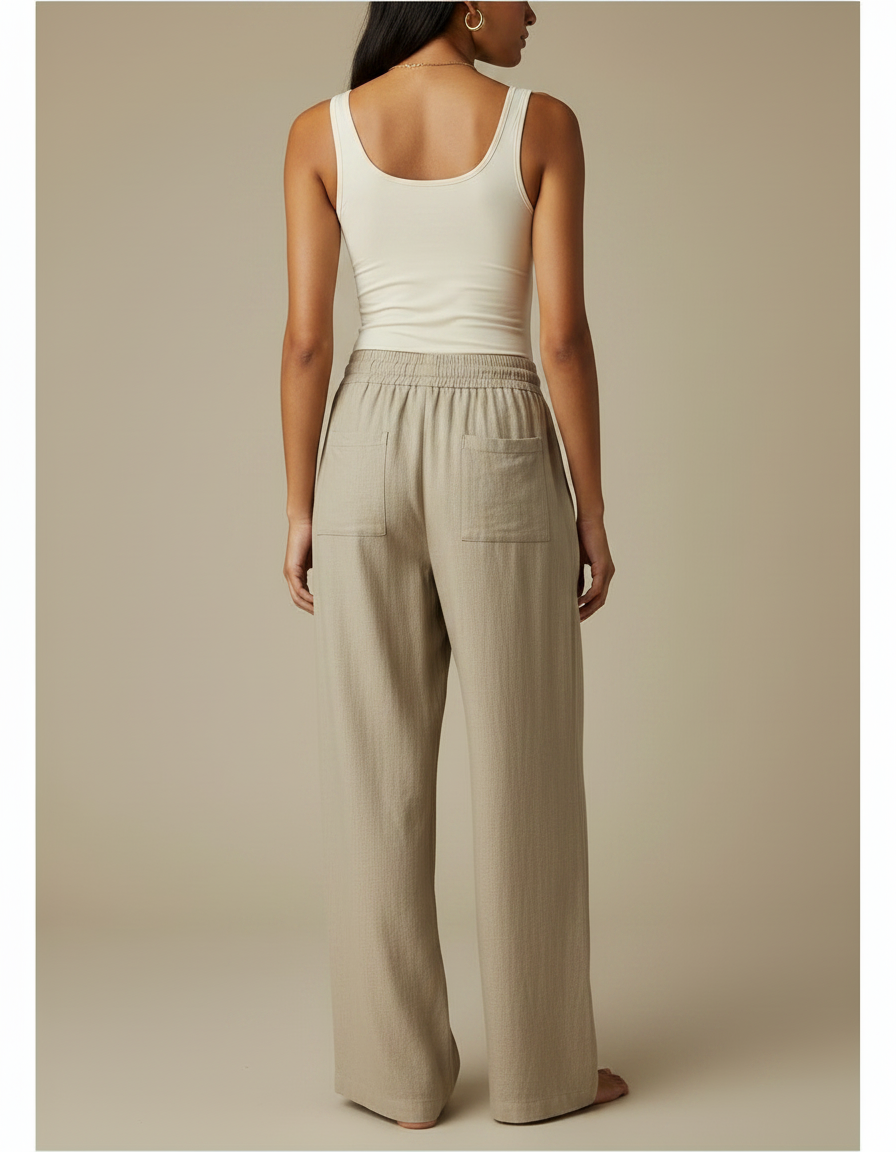 Pantalon Fluide Beige Large Lin Cordon Ample - vue 2