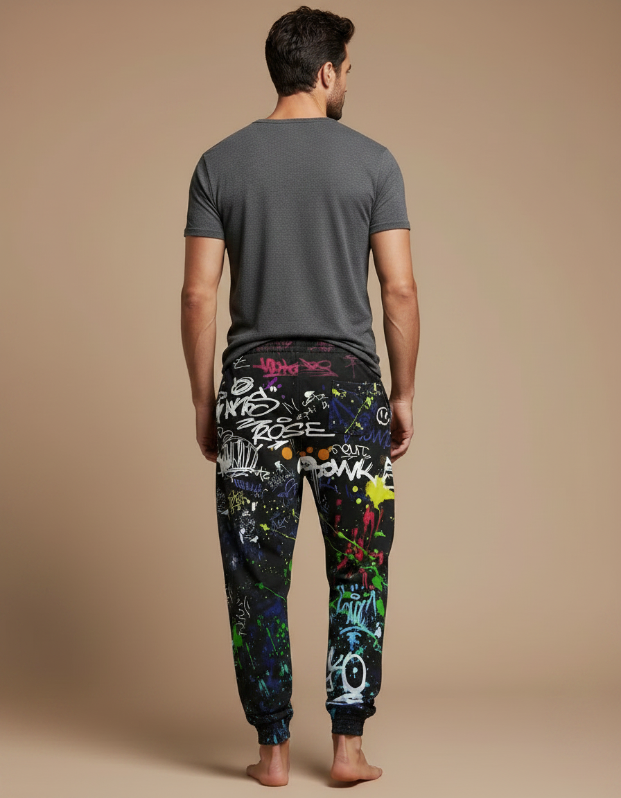 Pantalon Fluide Noir Graffiti Coloré Ample Décontracté Homme - Molleton - vue 2