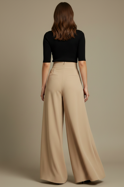 Pantalon Fluide Beige Large Plissé Élégant Taille Haute - Viscose - vue 2