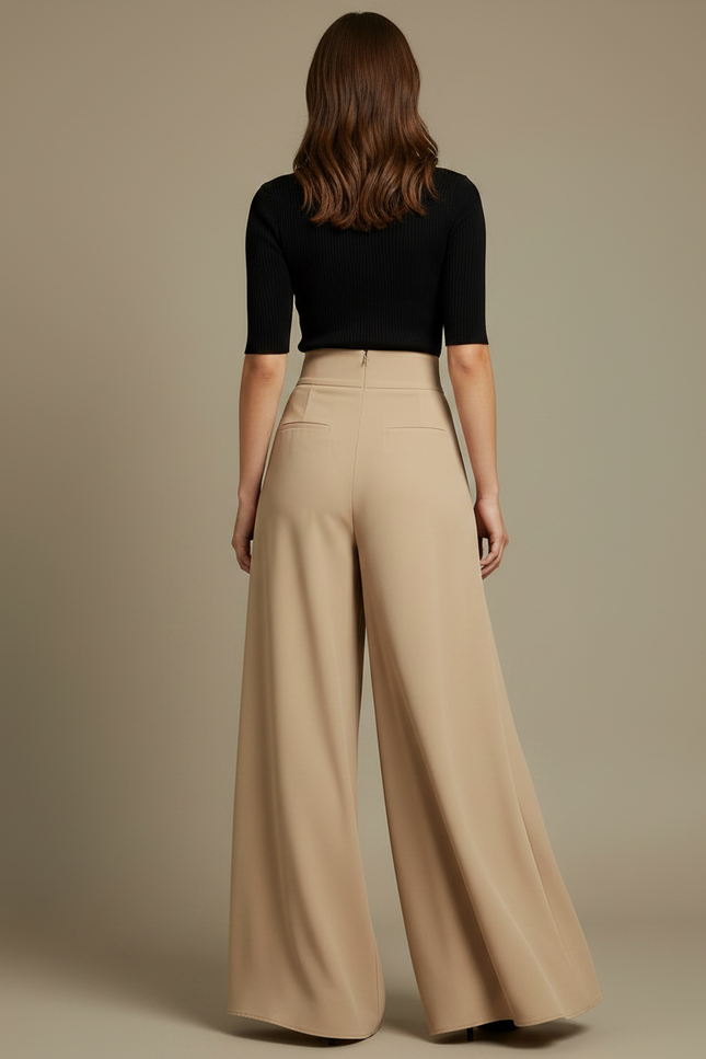 Pantalon Fluide Beige Large Plissé Élégant Taille Haute - Viscose - vue 2