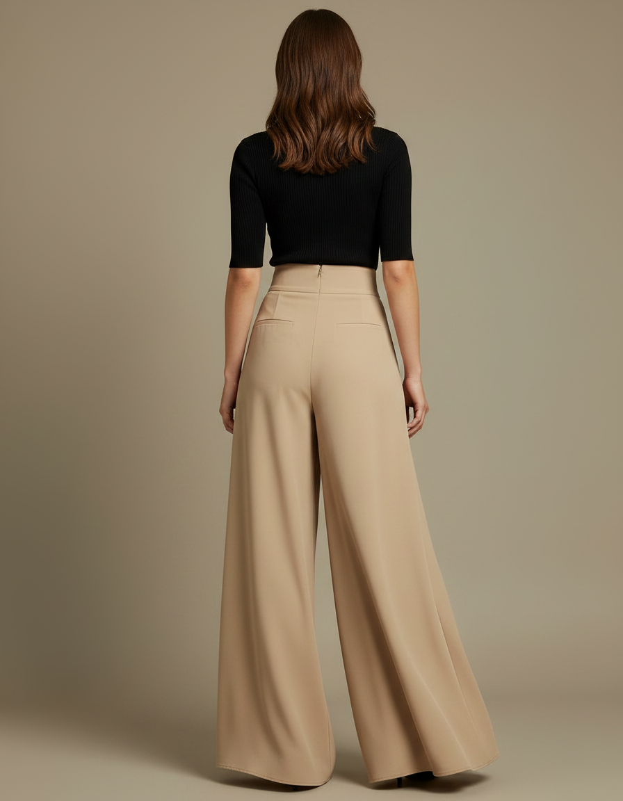 Pantalon Fluide Beige Large Plissé Élégant Taille Haute - Viscose - vue 2