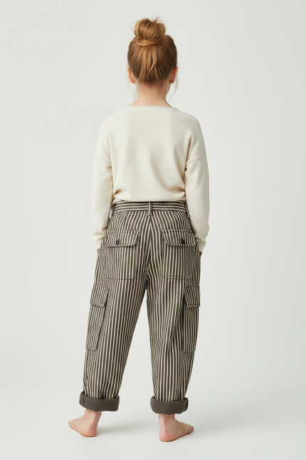 Pantalon Large Fluide En Popeline À Rayures - Kaki Coton - vue 2