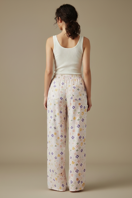 Pantalon Fluide Écru Imprimé Floral Ample Confortable - Lin - vue 2
